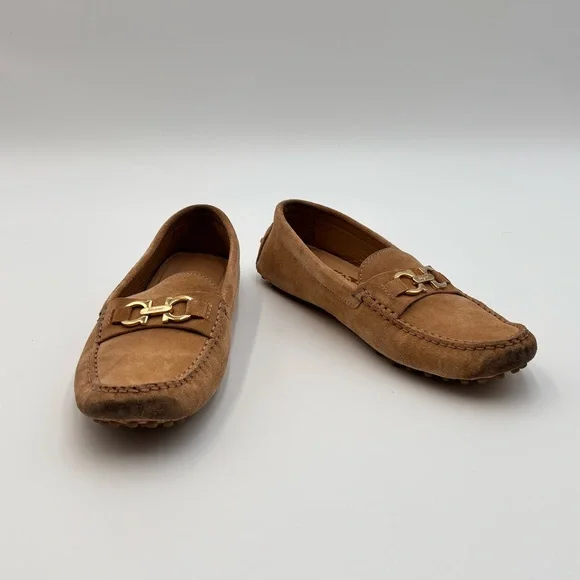 Salvatore Ferragamo Gancini Suede Driving Loafers Tan Gold - Picture 6 of 9